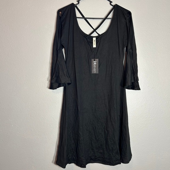 24seven Comfort Apparel Fit and Flare Dress Criss Cross Neck Bell Sleeve S - Picture 2 of 8